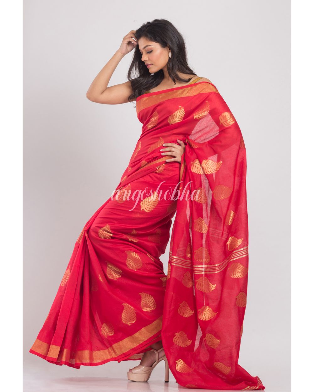 Red Handwoven Cotton Silk Saree angoshobha