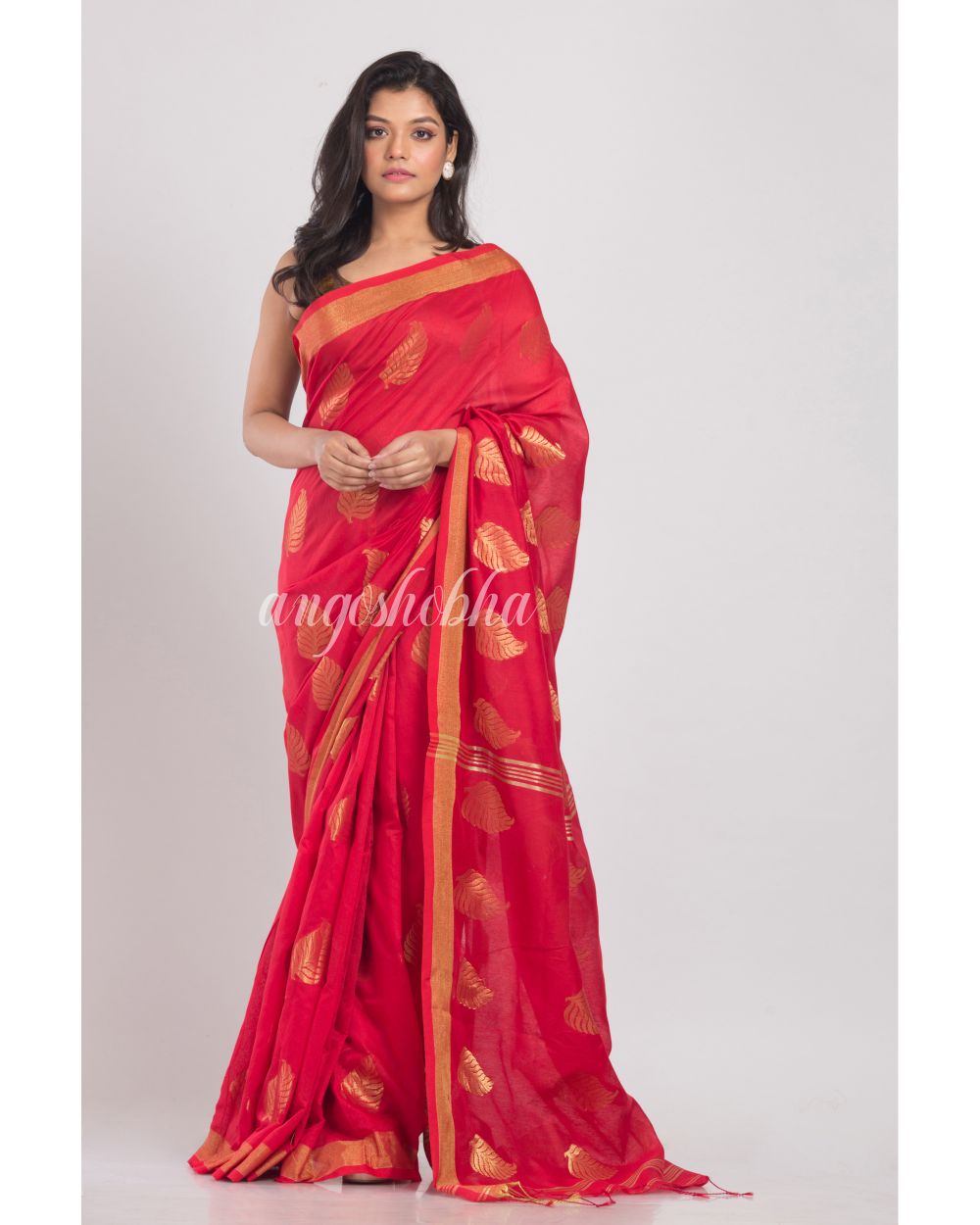 Red Handwoven Cotton Silk Saree angoshobha