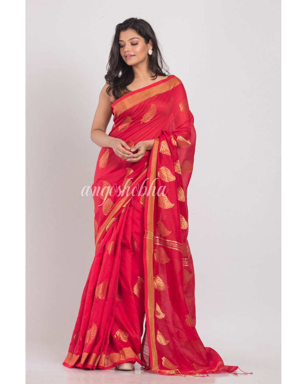 Red Handwoven Cotton Silk Saree angoshobha