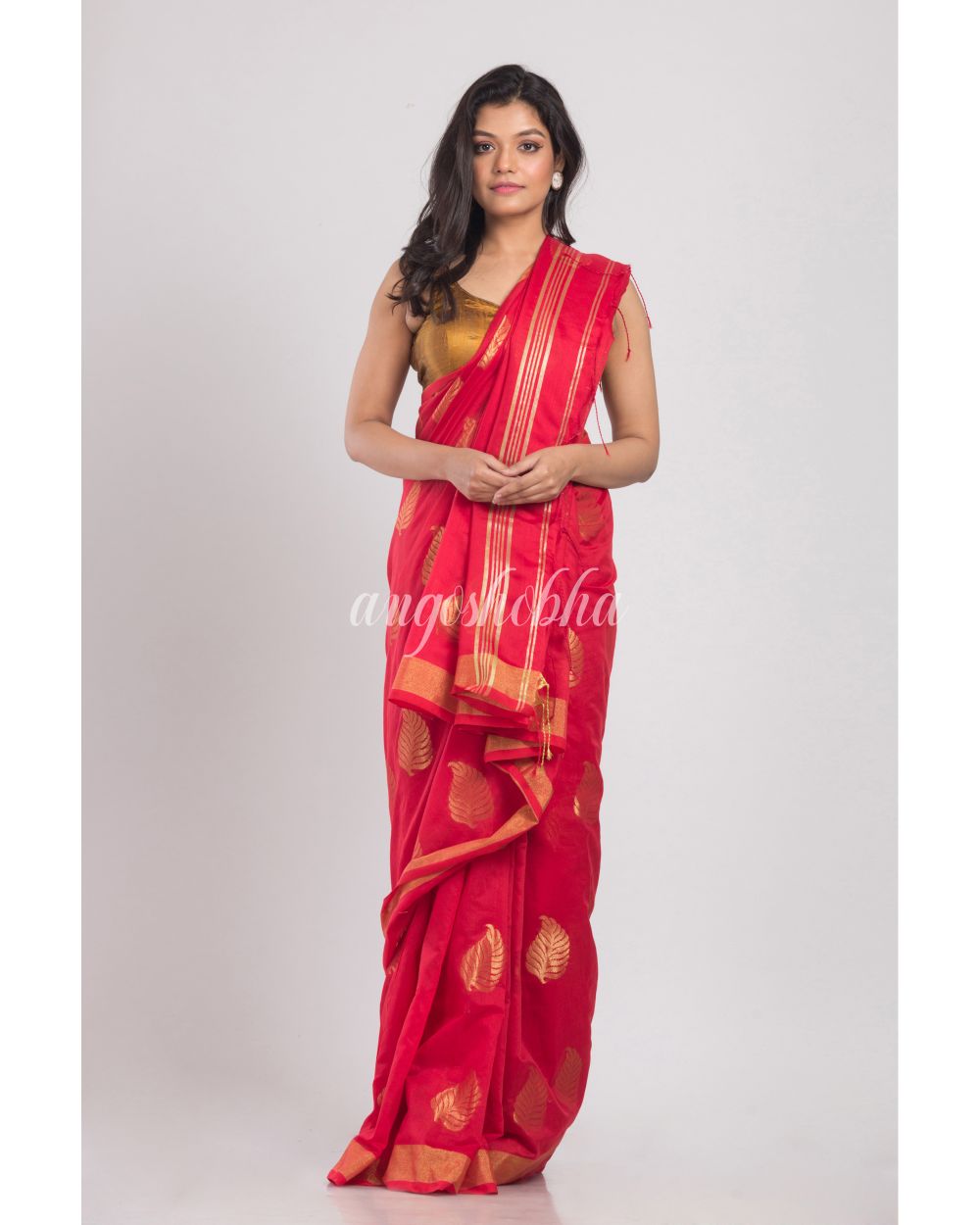 Red Handwoven Cotton Silk Saree angoshobha