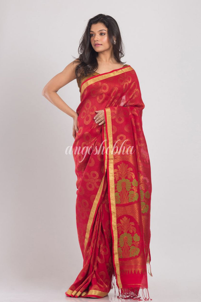 Red Handwoven Linen Saree