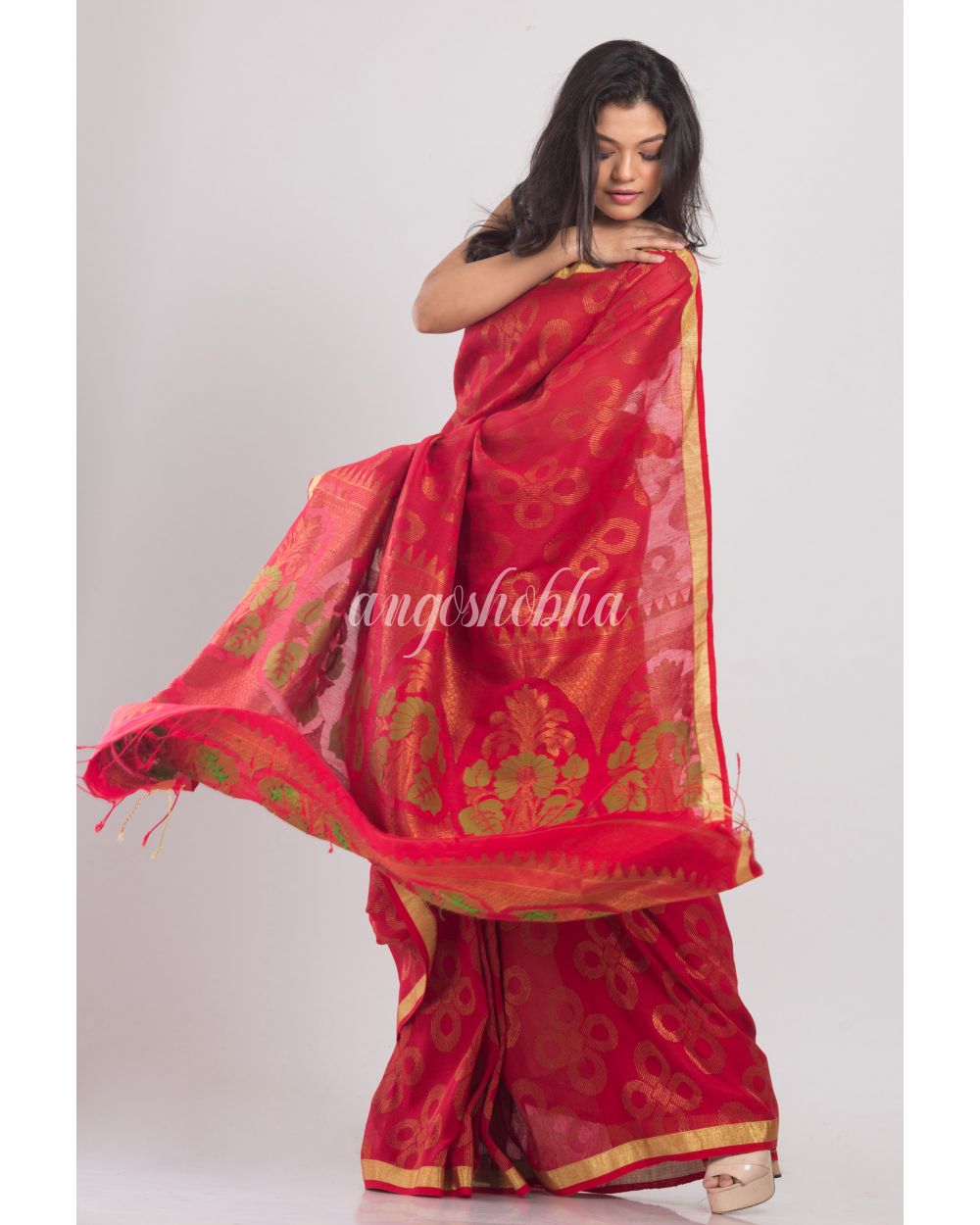 Red Handwoven Linen Saree angoshobha