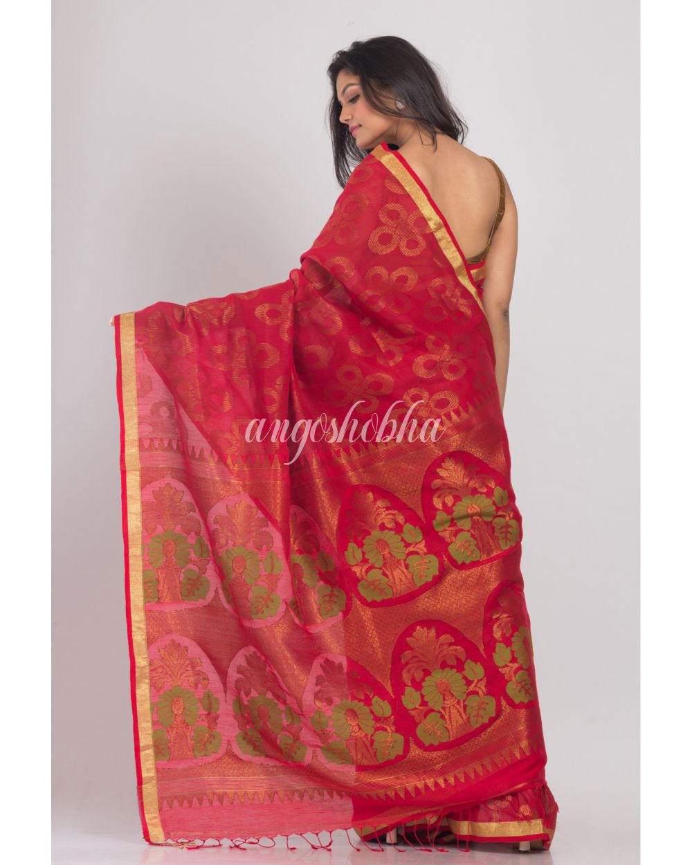 Red Handwoven Linen Saree angoshobha