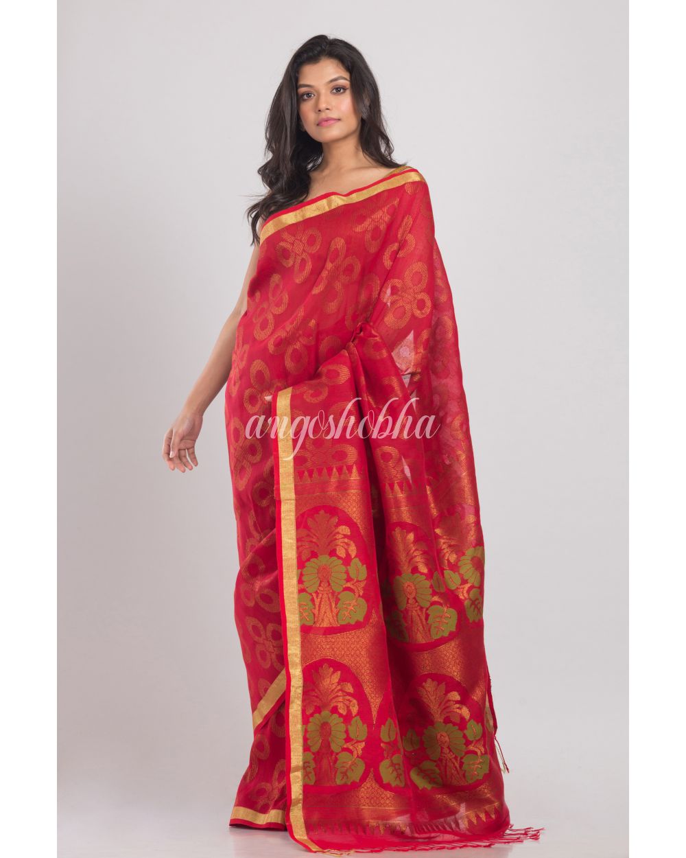 Red Handwoven Linen Saree angoshobha