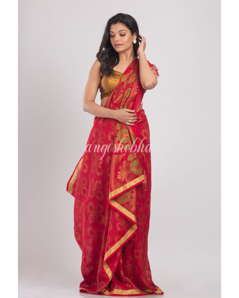 Red Handwoven Linen Saree angoshobha