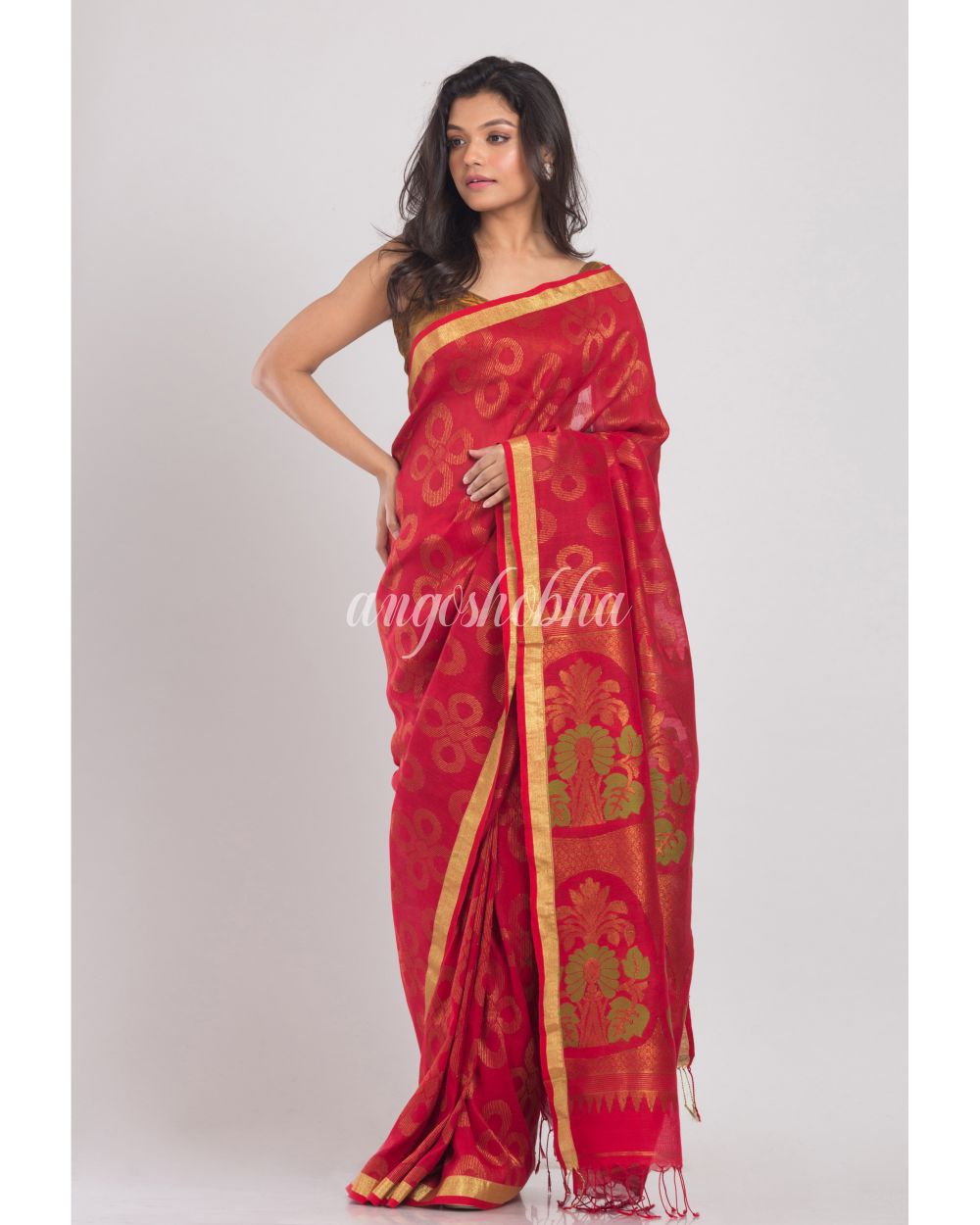 Red Handwoven Linen Saree angoshobha