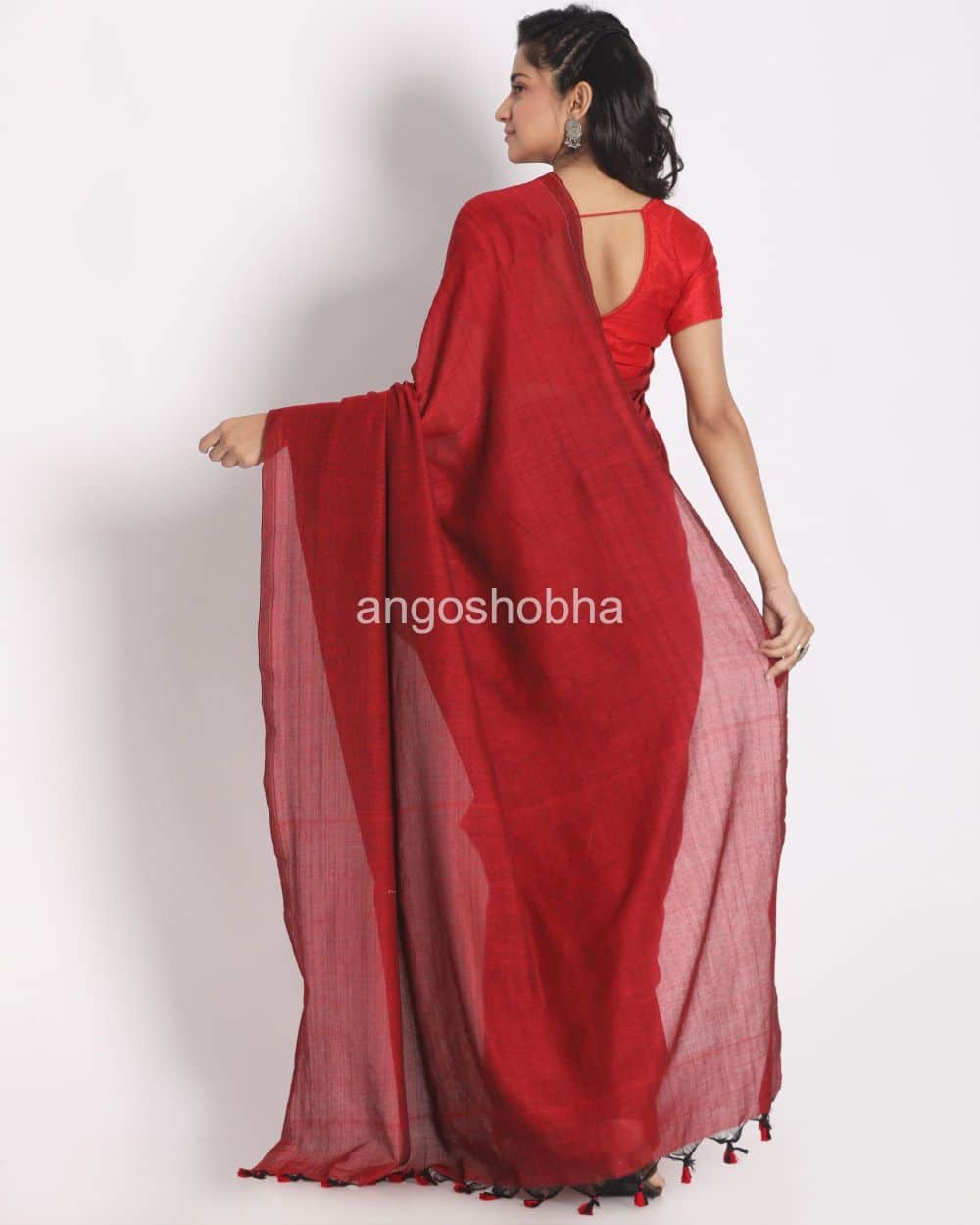 Red Khadi Cotton Handloom Saree With Pompom Pallu angoshobha