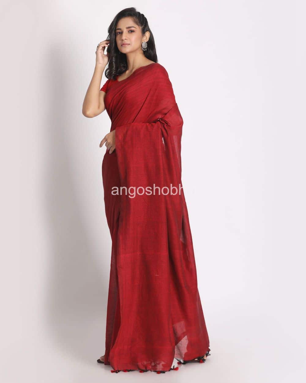 Red Khadi Cotton Handloom Saree With Pompom Pallu angoshobha
