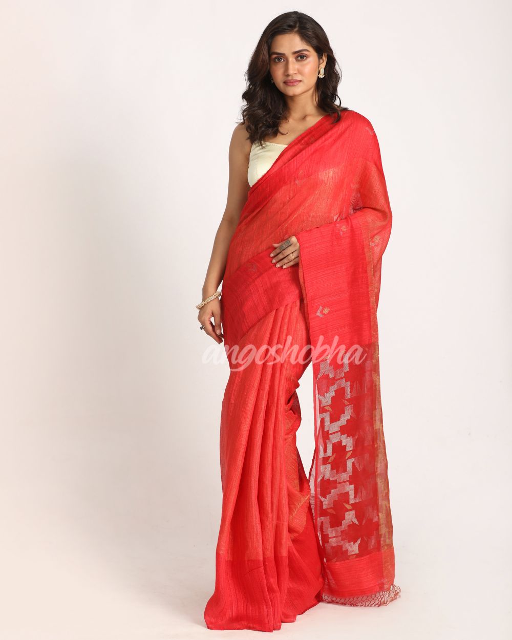 Red Matka Silk Handloom Traditional Sequin Jamdani Saree angoshobha