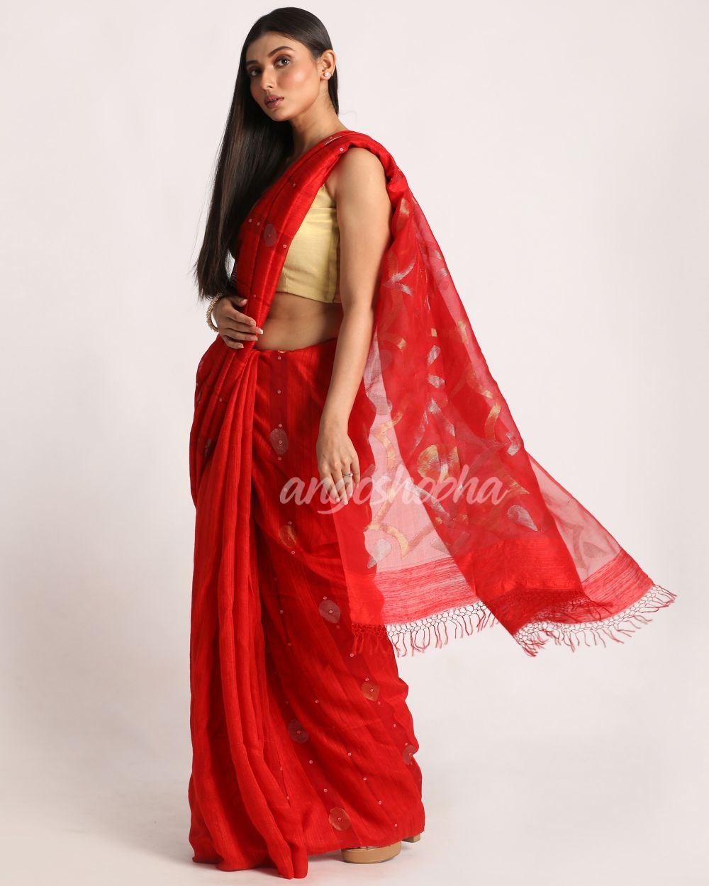 Red Matka Silk Handloom Traditional Sequin Jamdani Saree angoshobha