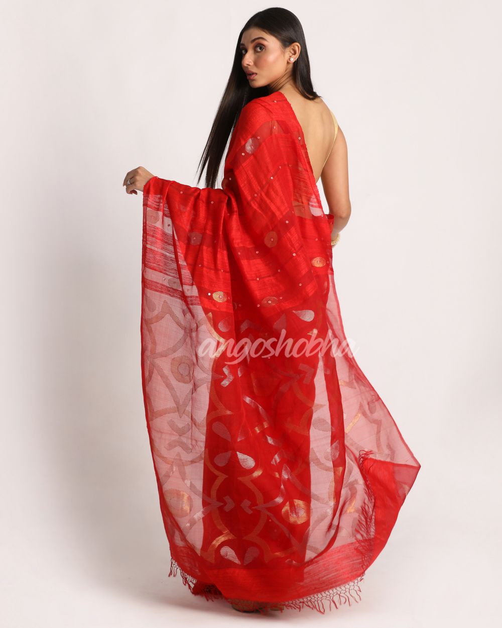 Red Matka Silk Handloom Traditional Sequin Jamdani Saree angoshobha