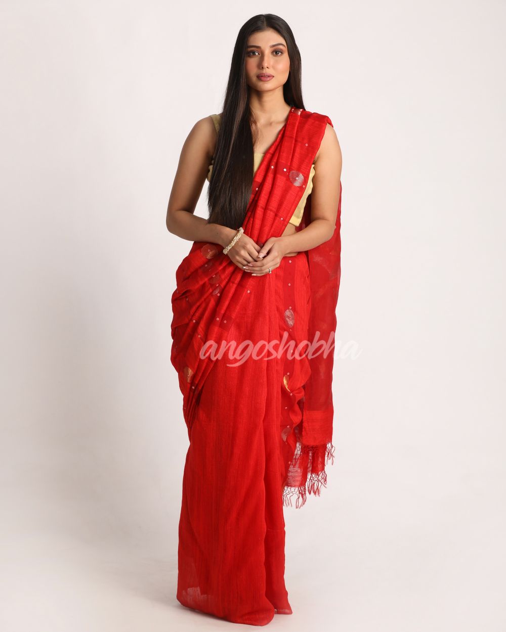 Red Matka Silk Handloom Traditional Sequin Jamdani Saree angoshobha