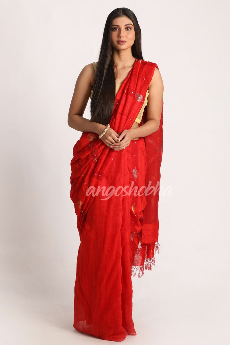 Red Matka Silk Handloom Traditional Sequin Jamdani Saree