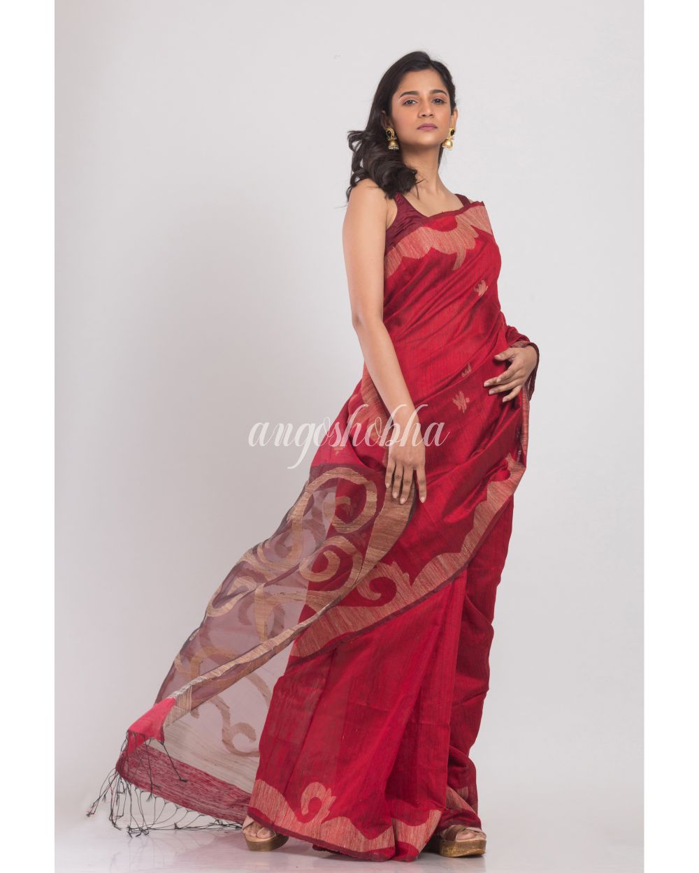 Red Matka Silk Jamdani Saree angoshobha