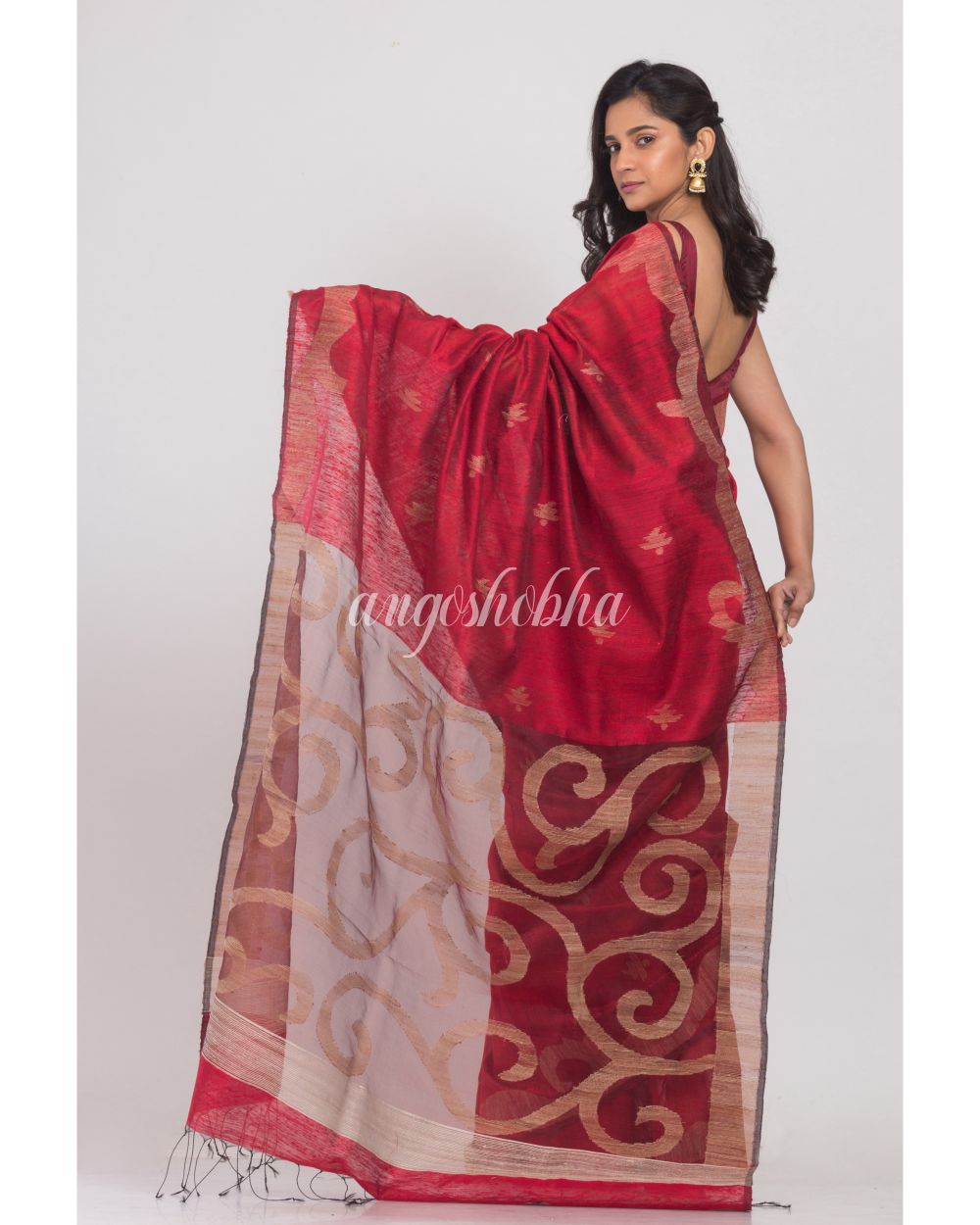 Red Matka Silk Jamdani Saree angoshobha