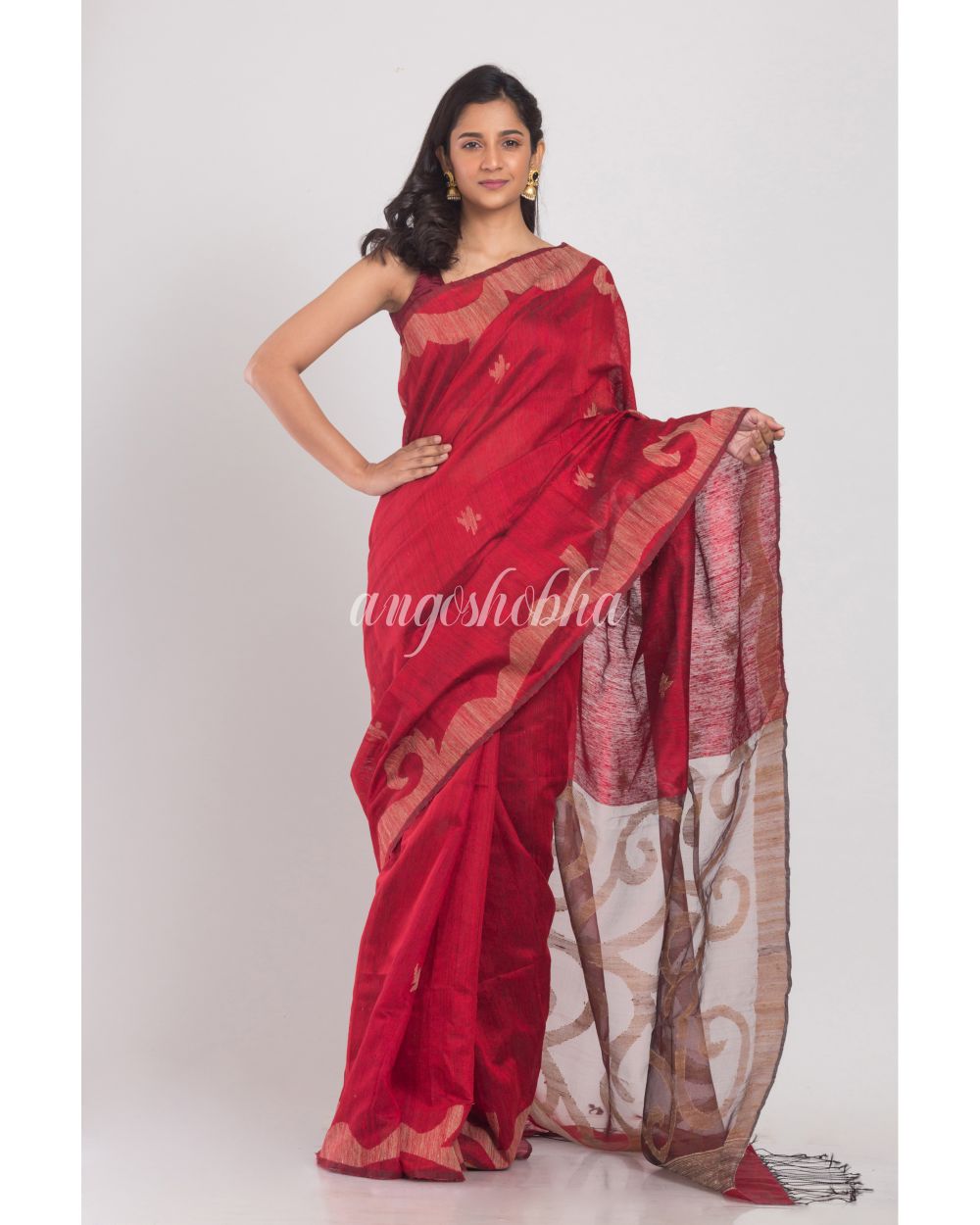 Red Matka Silk Jamdani Saree angoshobha