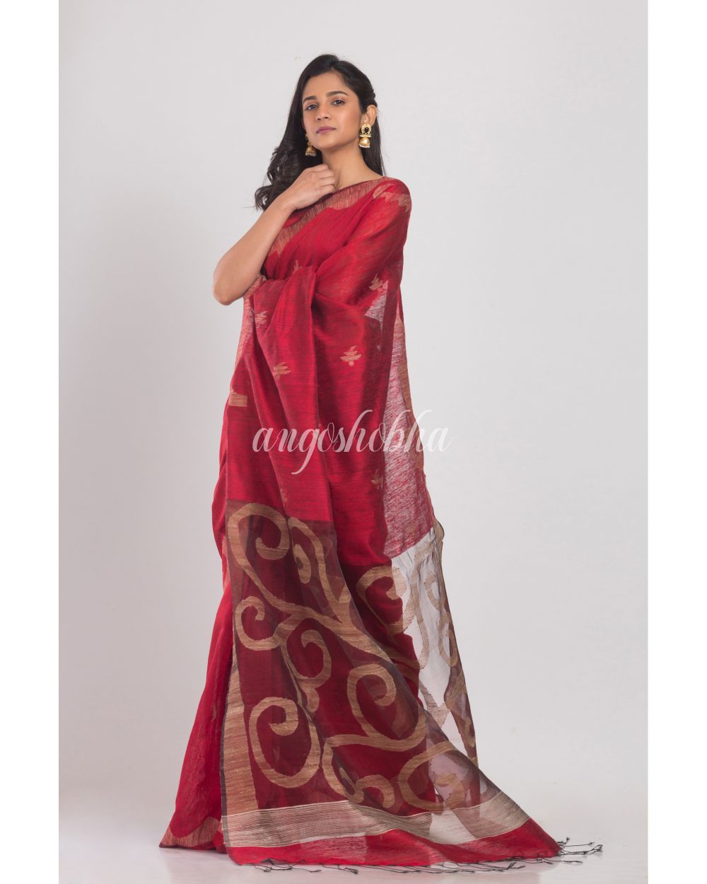 Red Matka Silk Jamdani Saree angoshobha