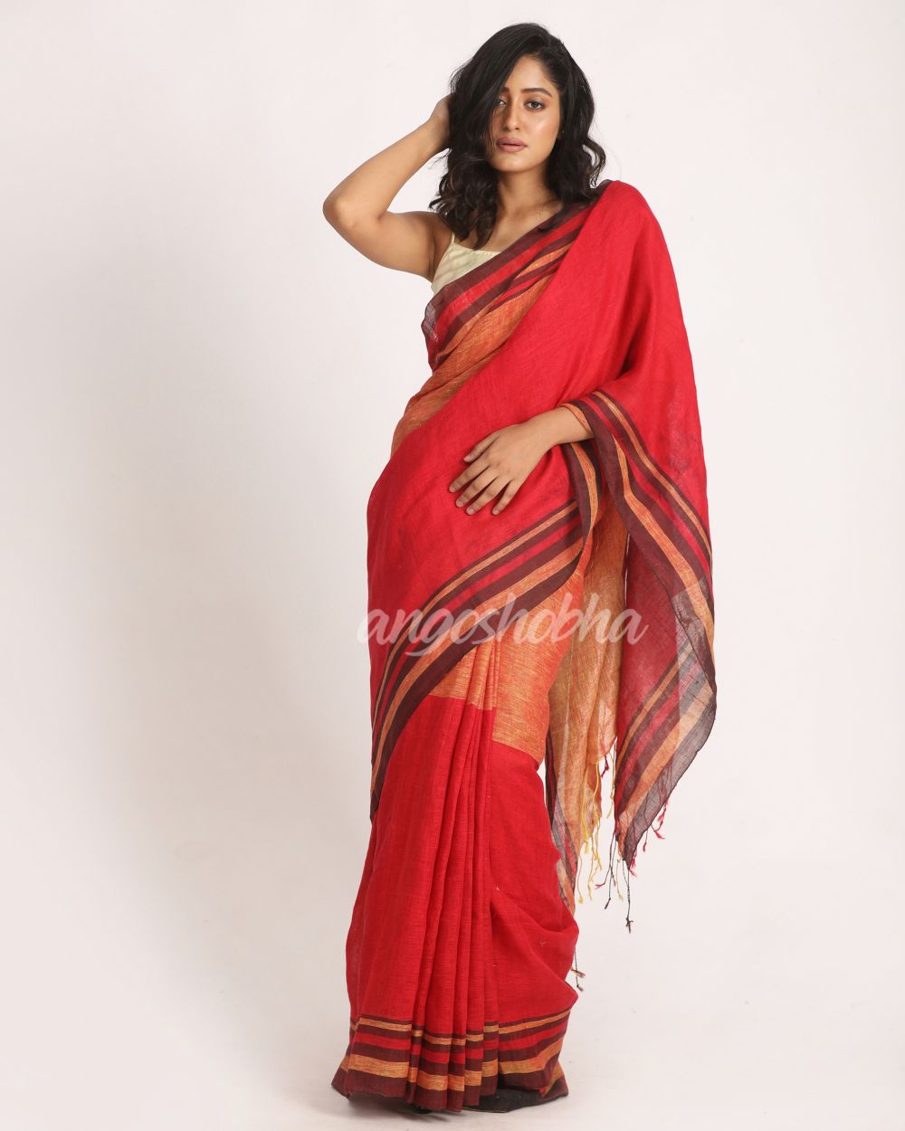 Red Mustard Traditional Handloom Linen Saree angoshobha