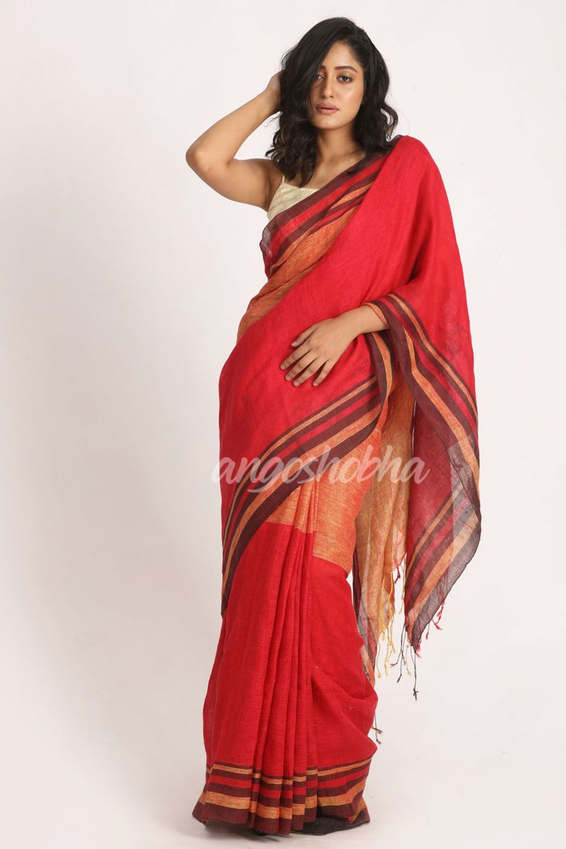 Red Mustard Traditional Handloom Linen Saree