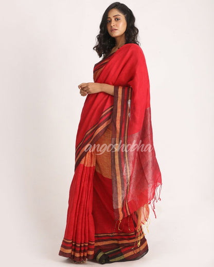 Red Mustard Traditional Handloom Linen Saree angoshobha