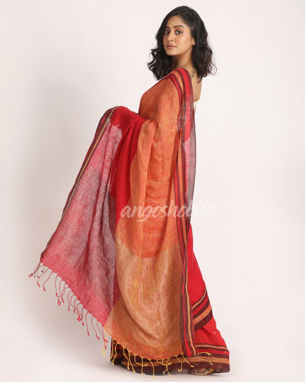 Red Mustard Traditional Handloom Linen Saree angoshobha