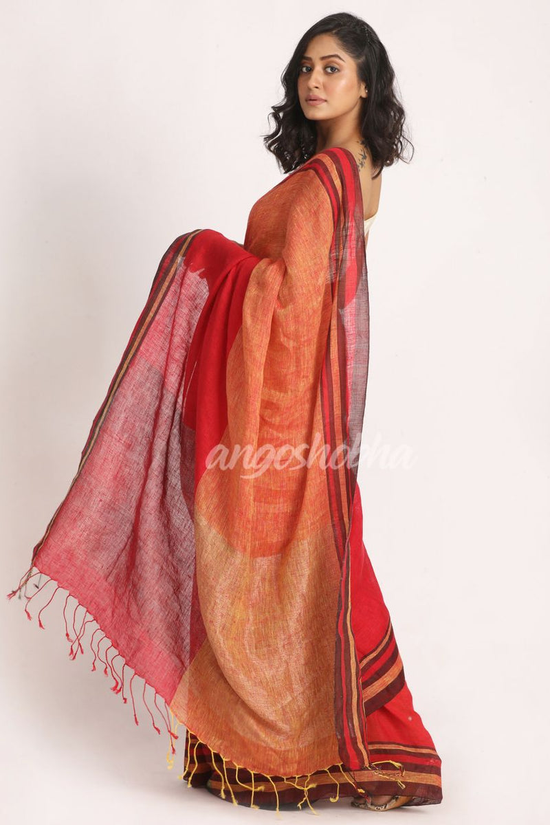 Red Mustard Traditional Handloom Linen Saree