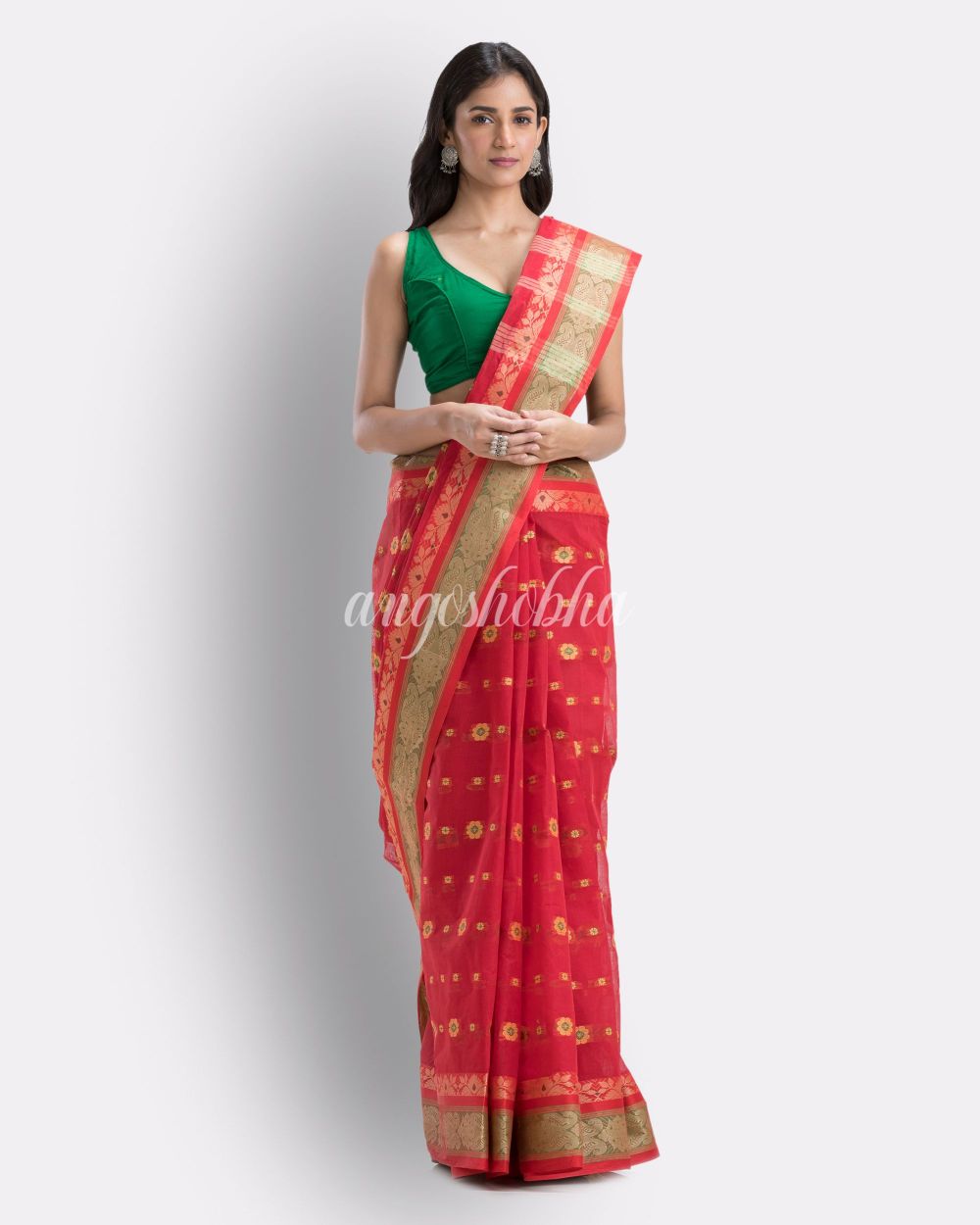 Red Pure Cotton Tant Saree angoshobha