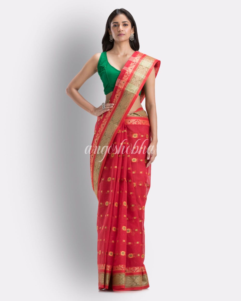 Red Pure Cotton Tant Saree angoshobha