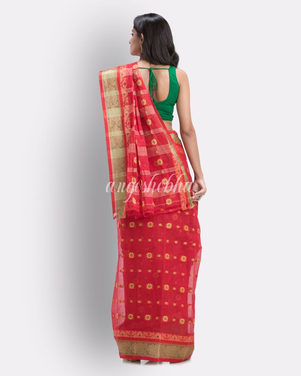Red Pure Cotton Tant Saree angoshobha