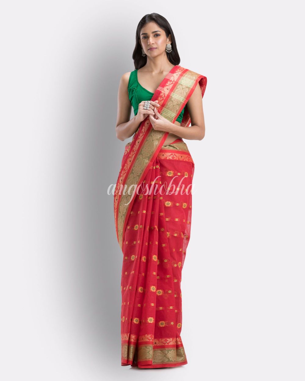 Red Pure Cotton Tant Saree angoshobha