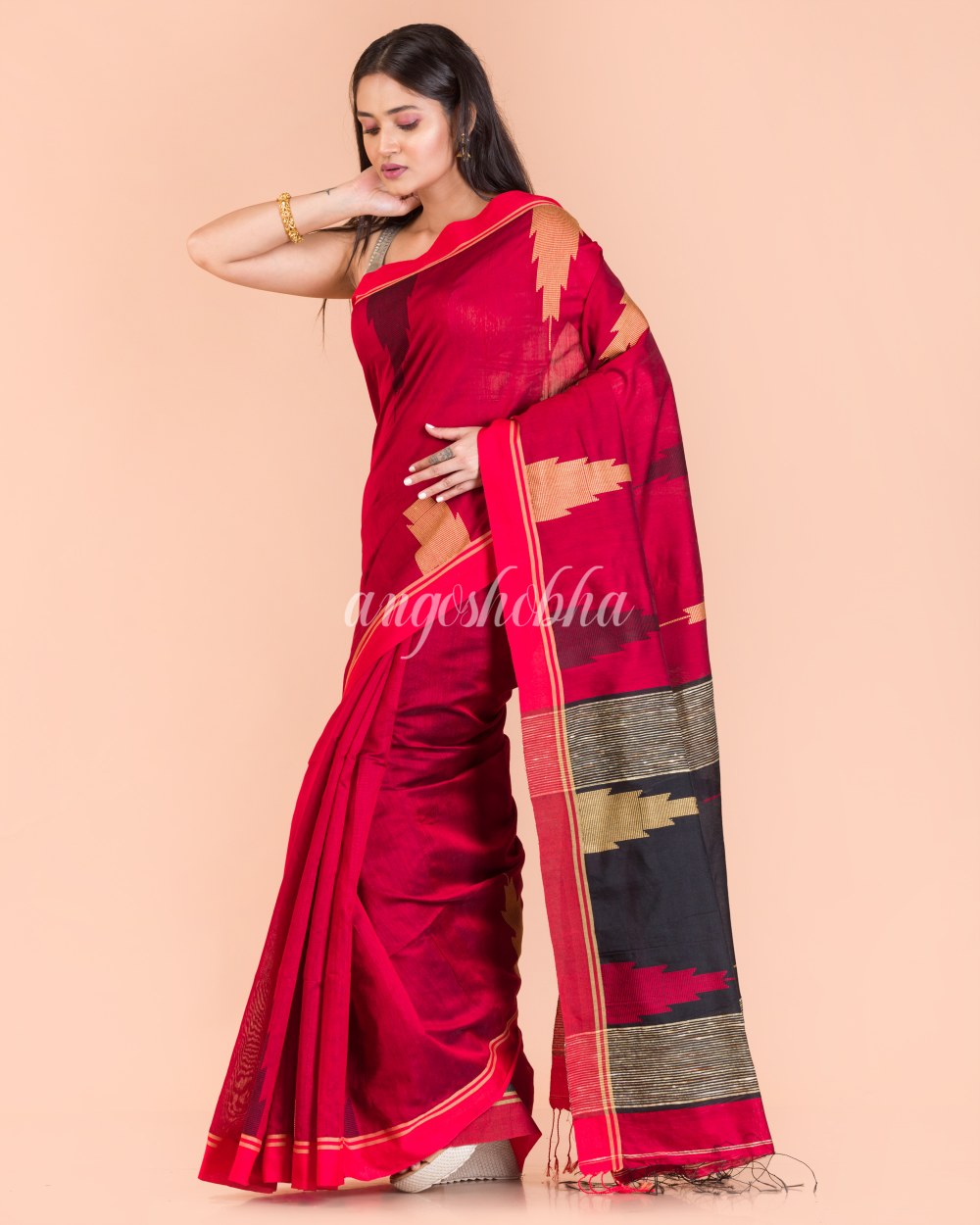 Red Temple Border Blended Cotton Jamdani Saree angoshobha