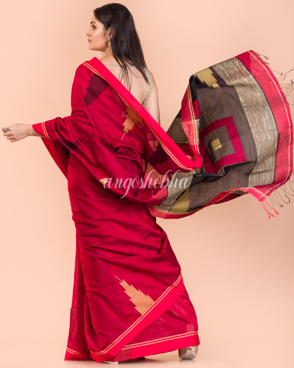 Red Temple Border Blended Cotton Jamdani Saree angoshobha