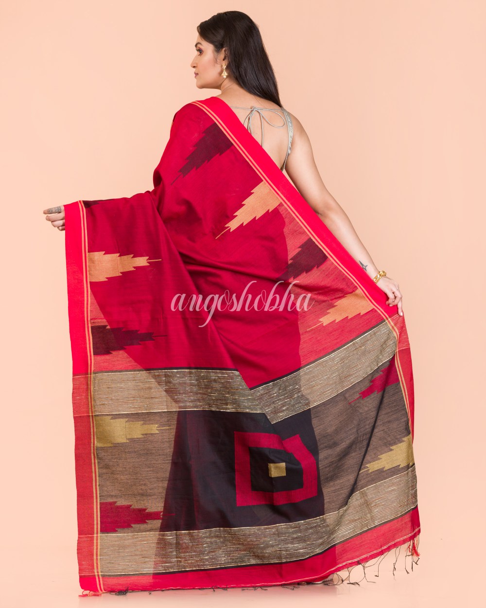 Red Temple Border Blended Cotton Jamdani Saree angoshobha