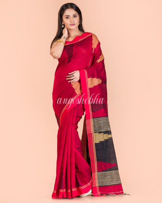 Red Temple Border Blended Cotton Jamdani Saree angoshobha