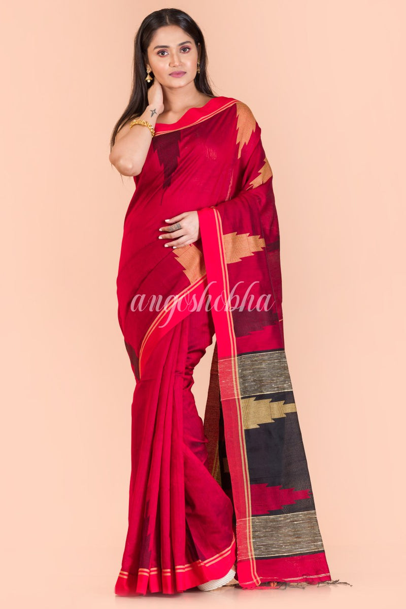 Red Temple Border Blended Cotton Jamdani Saree