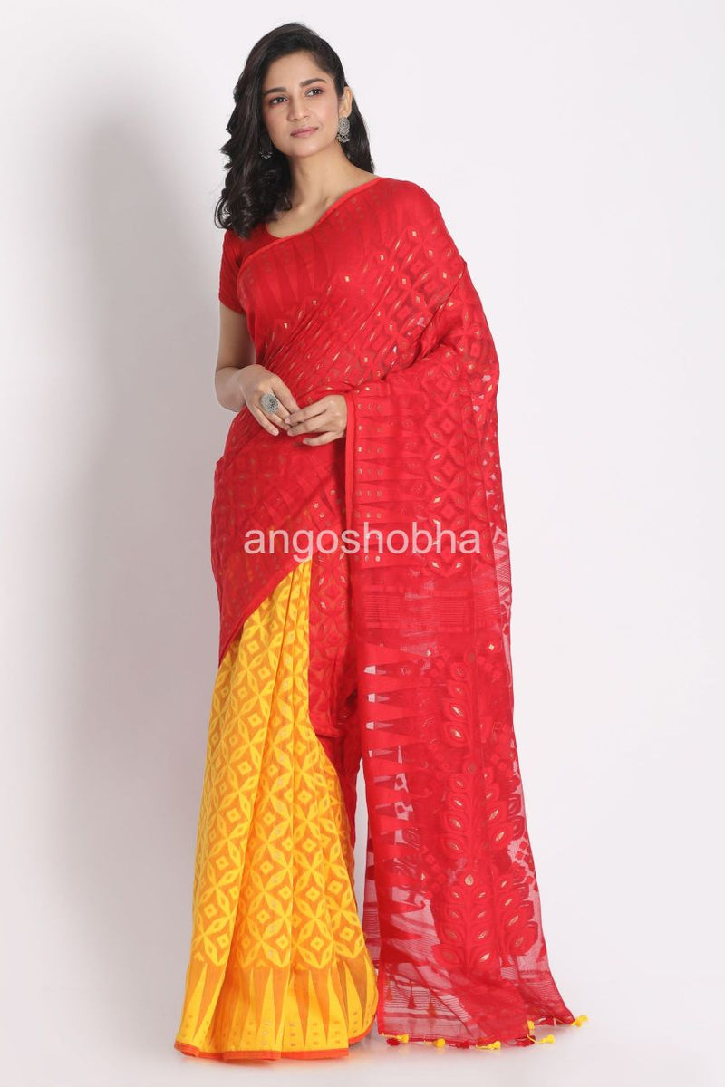 Red Yellow Cotton Silk Jamdani Saree