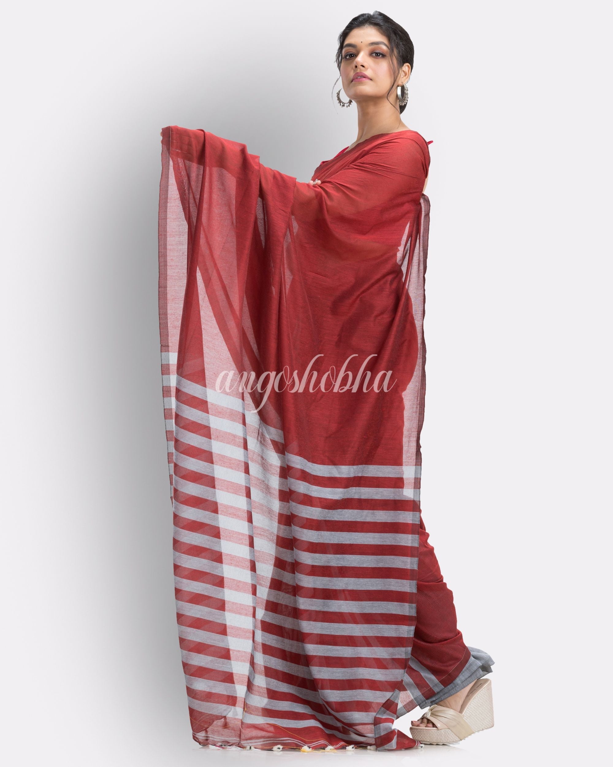 Red handloom bengal cotton saree angoshobha