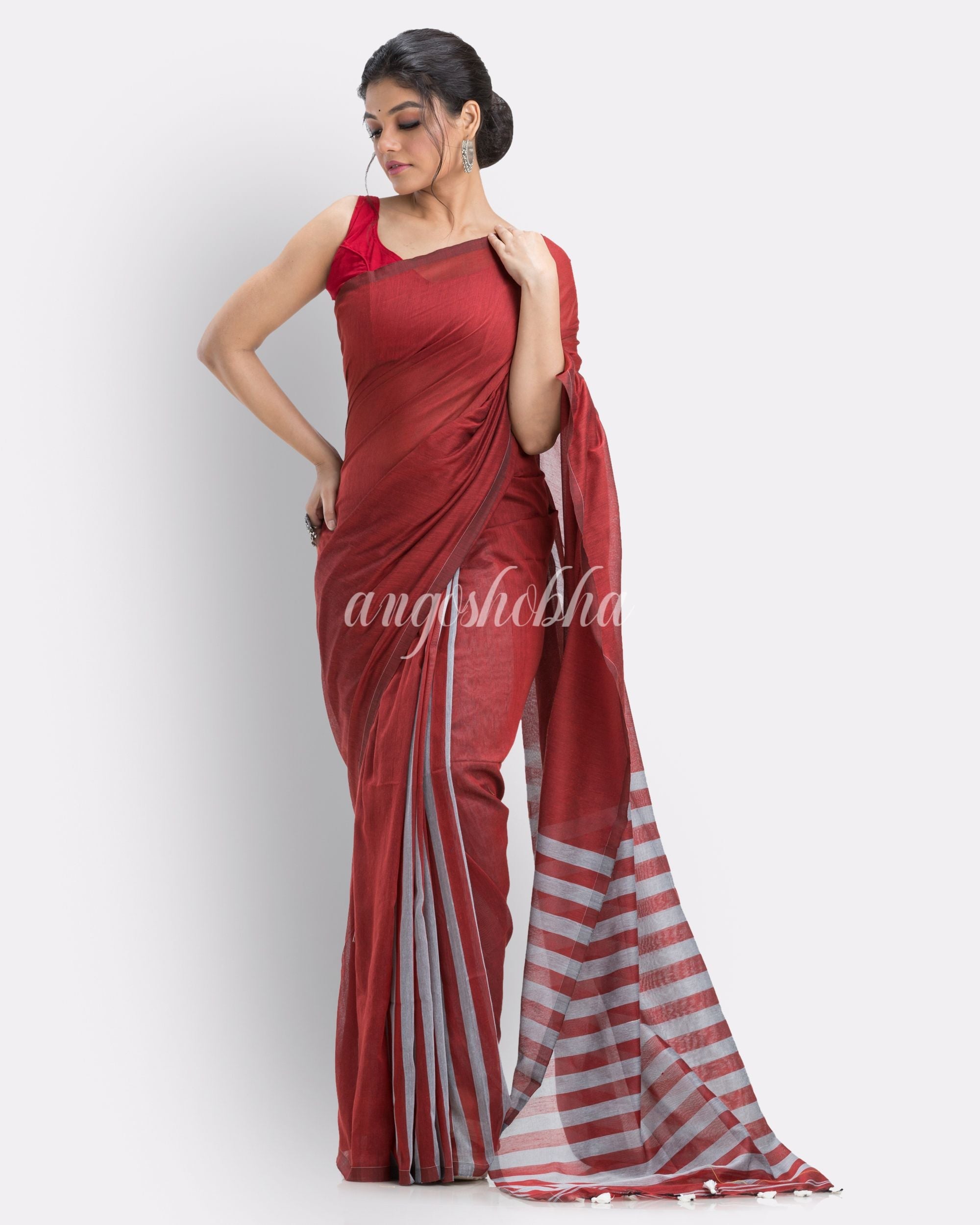 Red handloom bengal cotton saree angoshobha