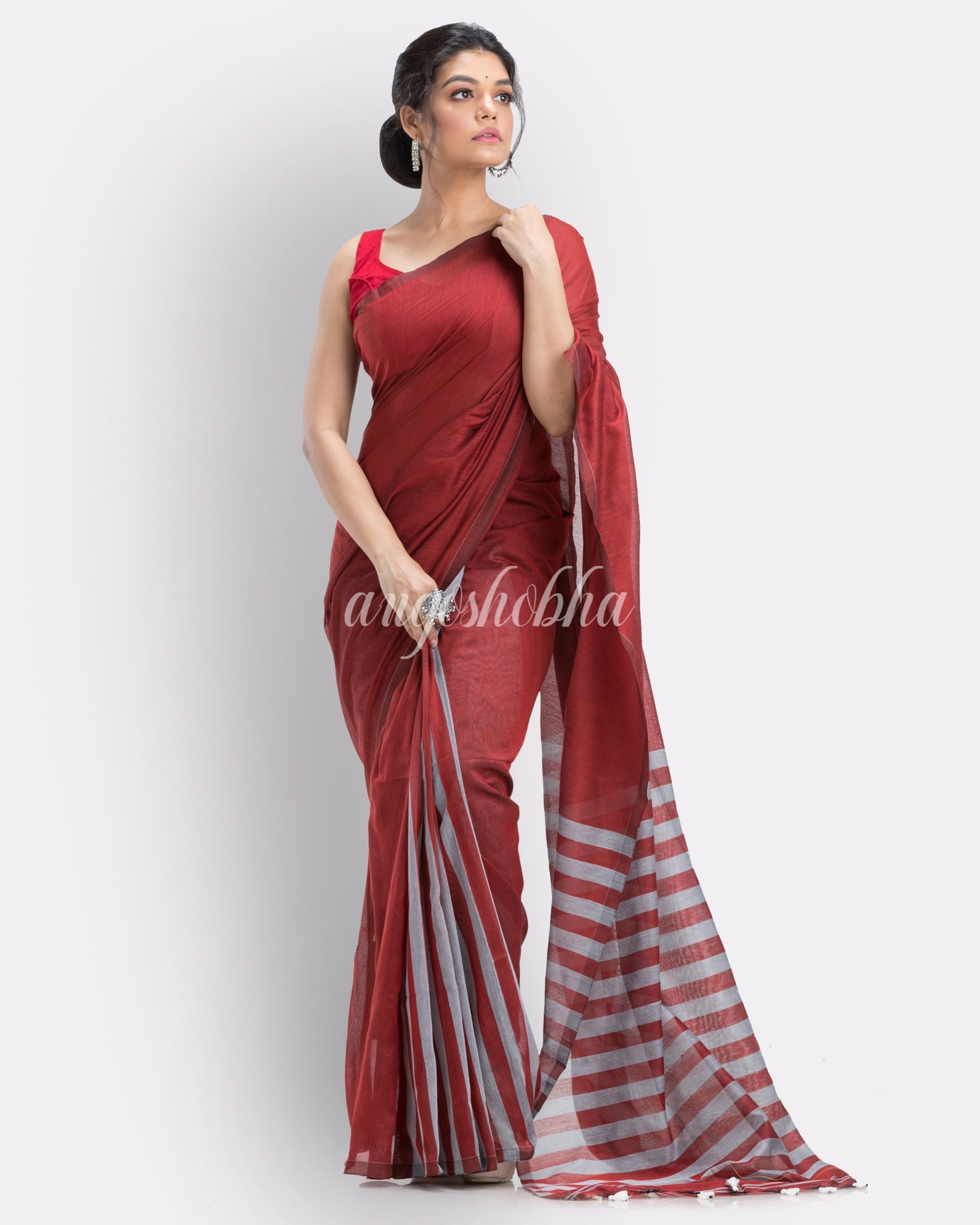 Red handloom bengal cotton saree angoshobha