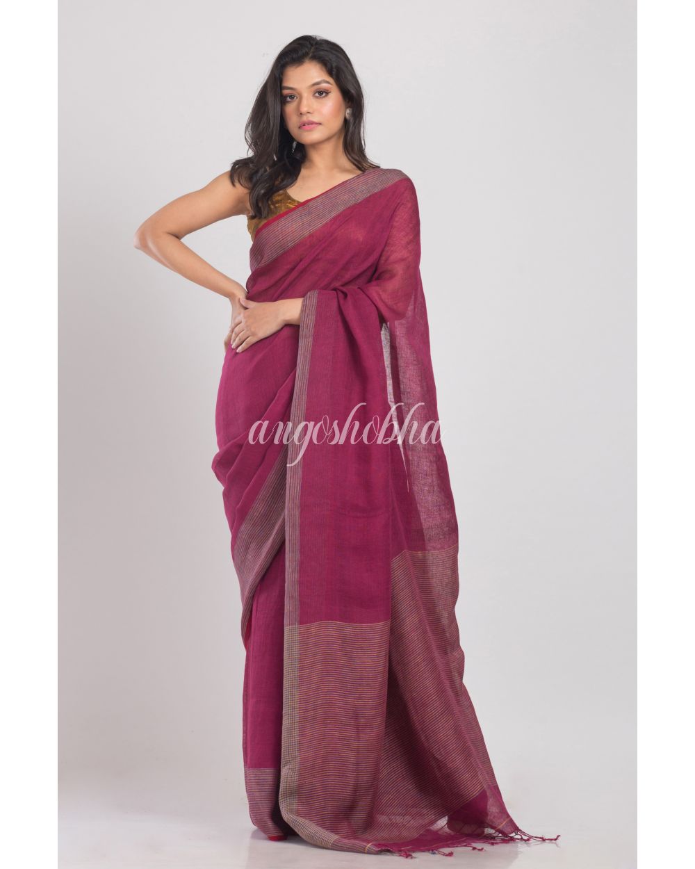 Rose Maroon Handwoven Linen Saree angoshobha