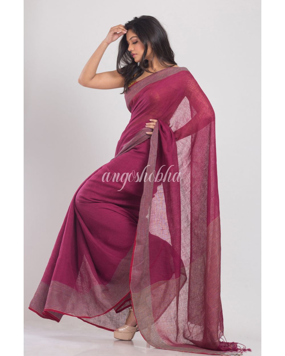 Rose Maroon Handwoven Linen Saree angoshobha