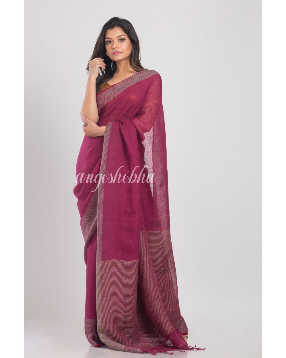 Rose Maroon Handwoven Linen Saree angoshobha