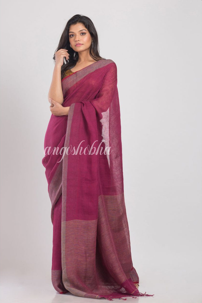 Rose Maroon Handwoven Linen Saree