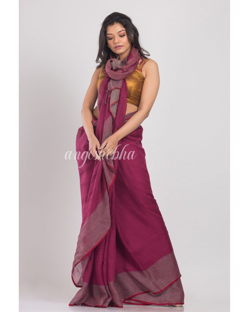 Rose Maroon Handwoven Linen Saree angoshobha