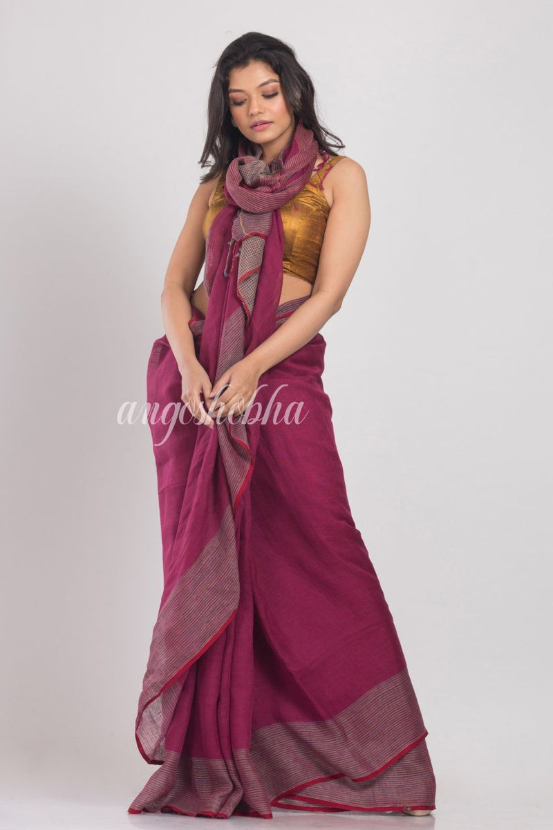 Rose Maroon Handwoven Linen Saree