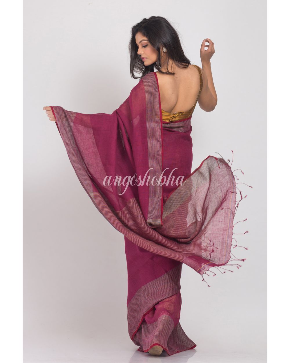 Rose Maroon Handwoven Linen Saree angoshobha