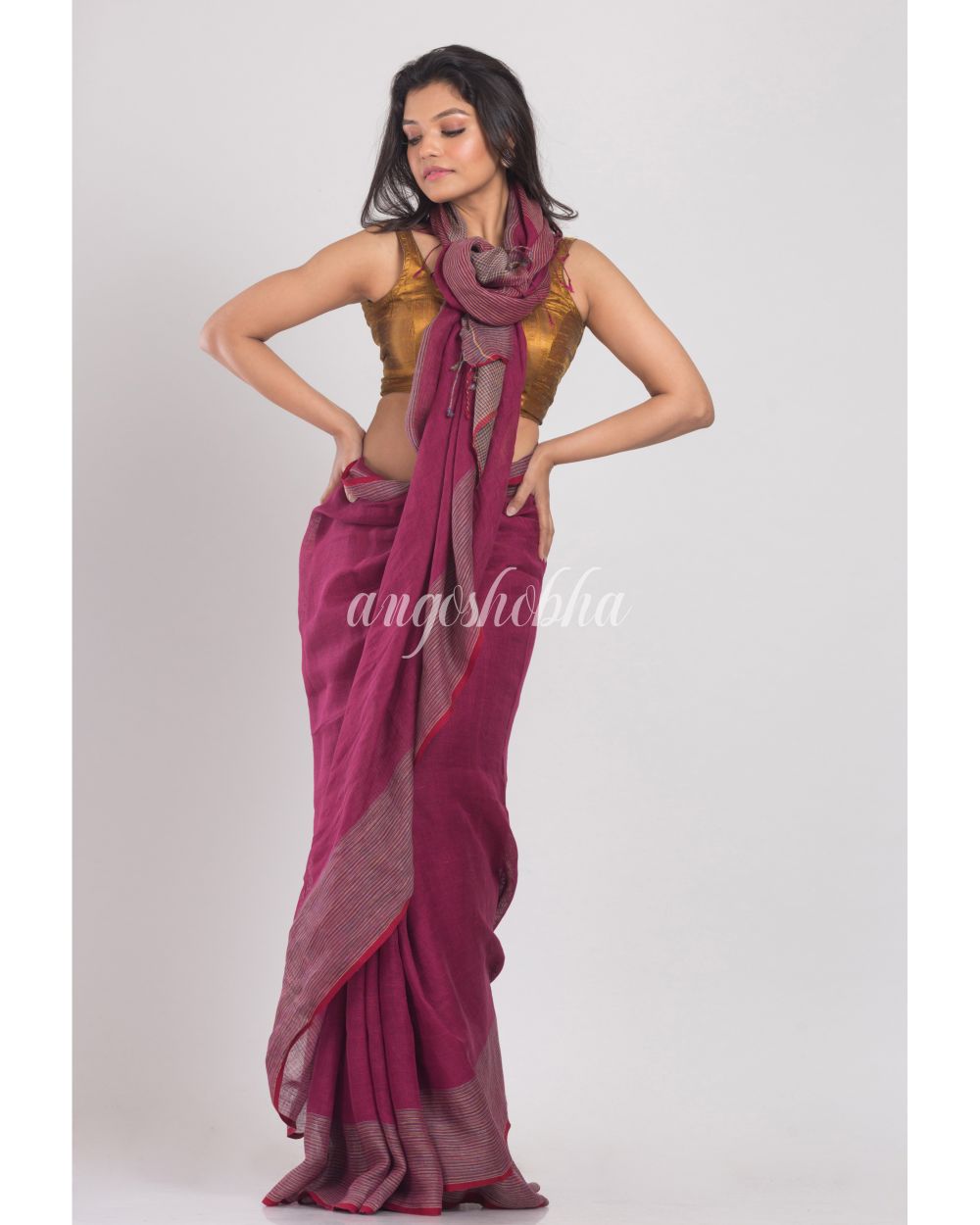 Rose Maroon Handwoven Linen Saree angoshobha