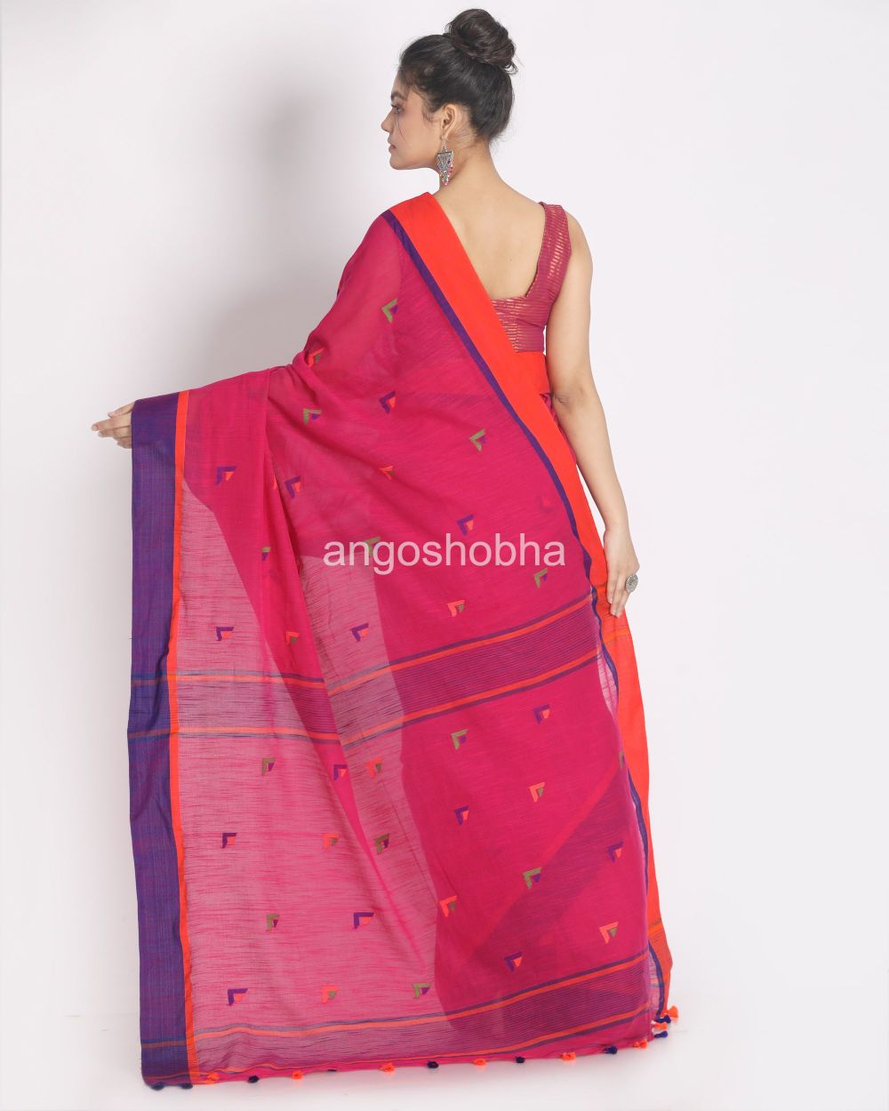 Rose Red Cotton Handloom With Weaving Motif angoshobha
