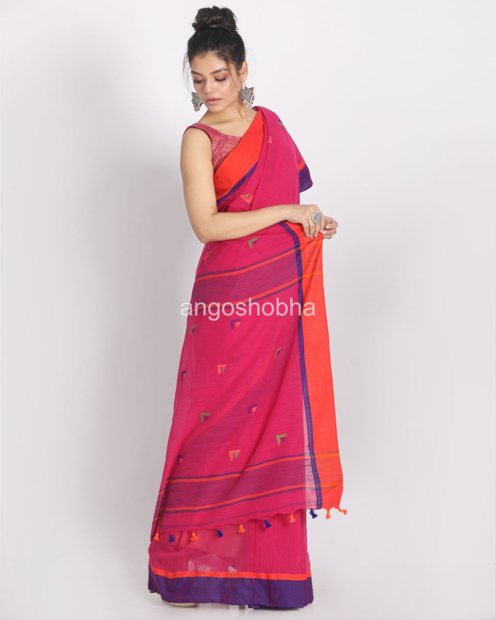 Rose Red Cotton Handloom With Weaving Motif angoshobha