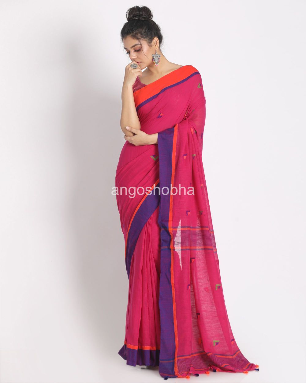 Rose Red Cotton Handloom With Weaving Motif angoshobha
